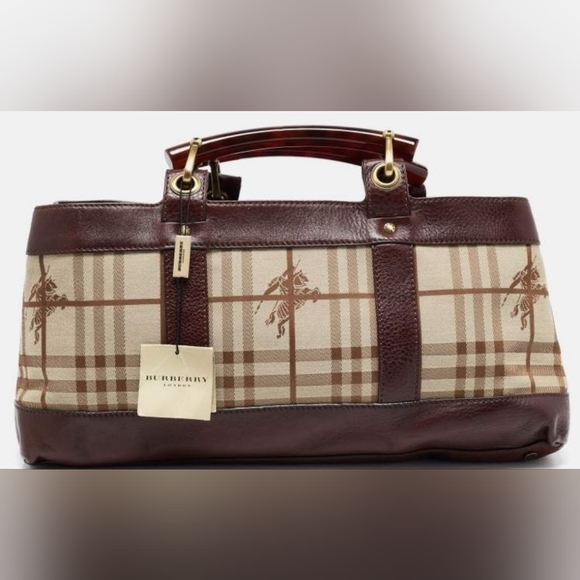 Burberry Brown/Beige Haymarket Check Canvas and Leather Middle Zip Tote - Picture 1 of 13